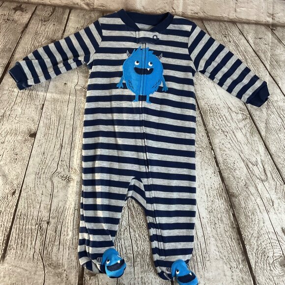 Carters Baby Infant Sz 6 Months Blue & Gray Striped Monster Footed Sleeper - Picture 1 of 6